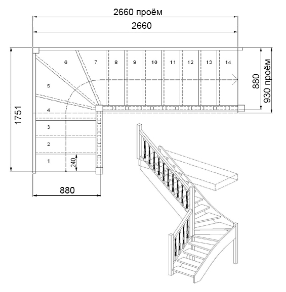 Лестница угловая на второй этаж чертежи